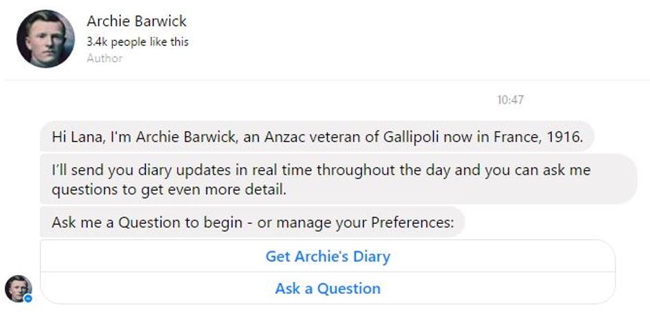 Archie Barwick, Messenger chatbot | Author: Messenger/screenshot