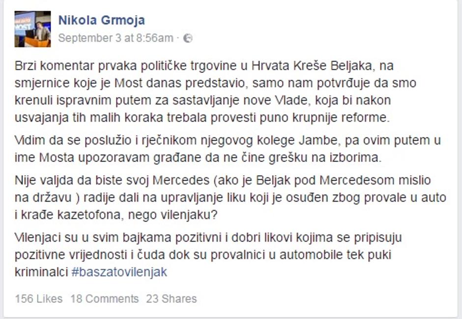 Status Nikole Grmoje o Beljaku | Author: Screenshot Facebook