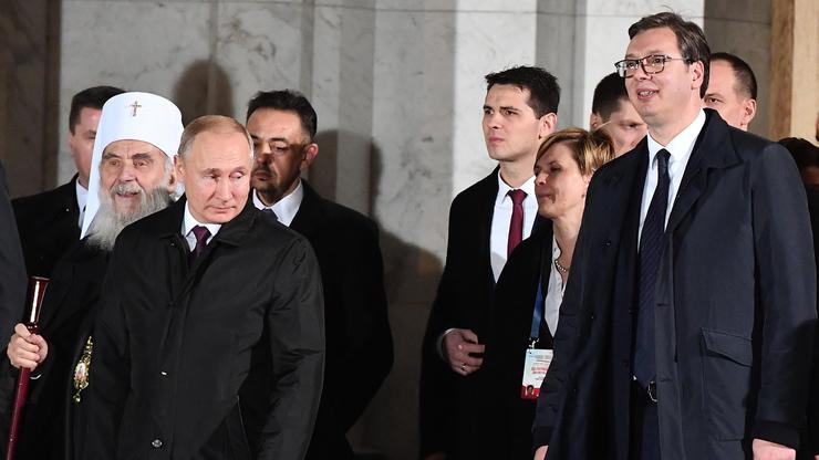 Posjet Vladimira Putina Beogradu, siječanj 2019., s njim su Irinej i Aleksandar Vučić