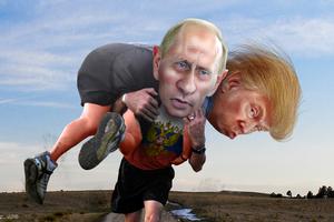 Vladimir Putin pomaže Donaldu Trumpu, karikatura