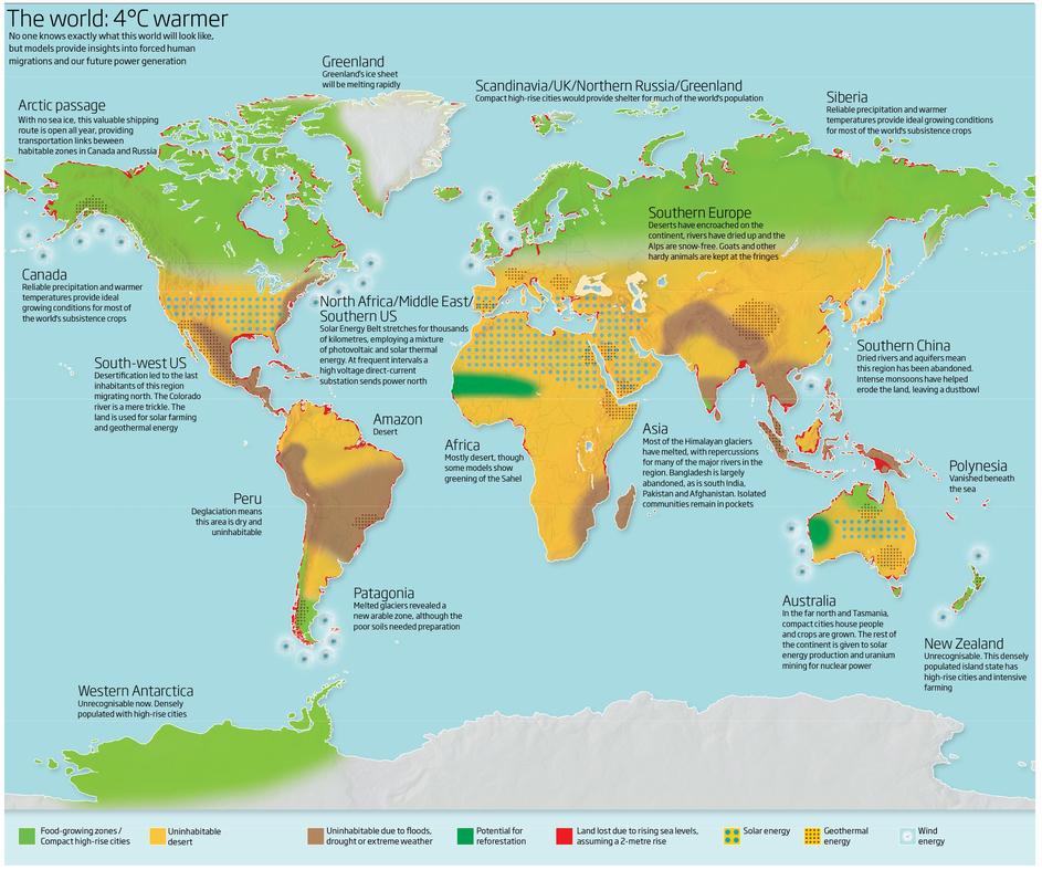 Karta svijeta kad postane četiri stupnja topliji