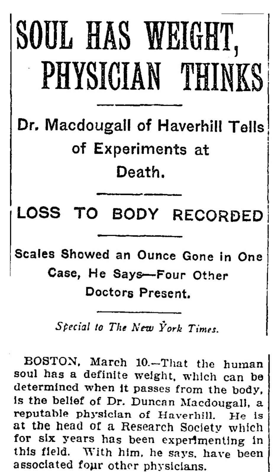 Duncan MacDougall, članak u NY Timesu o "duši koja teži 21 gram" | Author: public domain