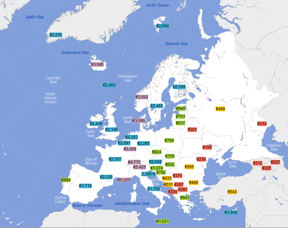 Prosječne plaće na karti Europe | Author: http://gmt.soest.hawaii.edu/CC BY-SA 4.0